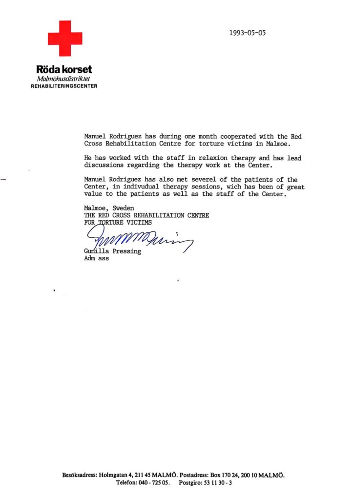 Tackbrev från Röda Korset i Malmö för traumabehandling utfärdad till Manuel Rodriguez